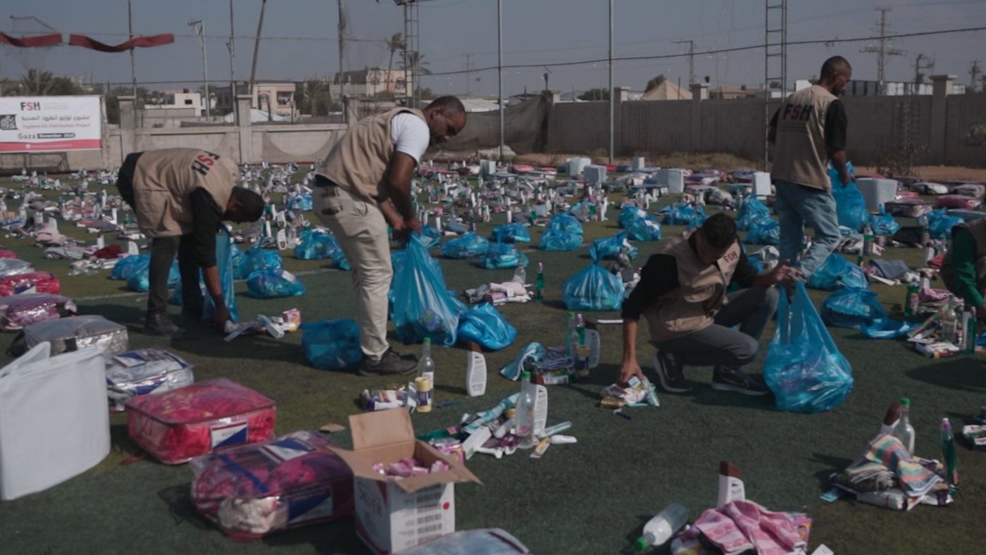 FSH team preparing blankets and winter parcels for distribution in Gaza