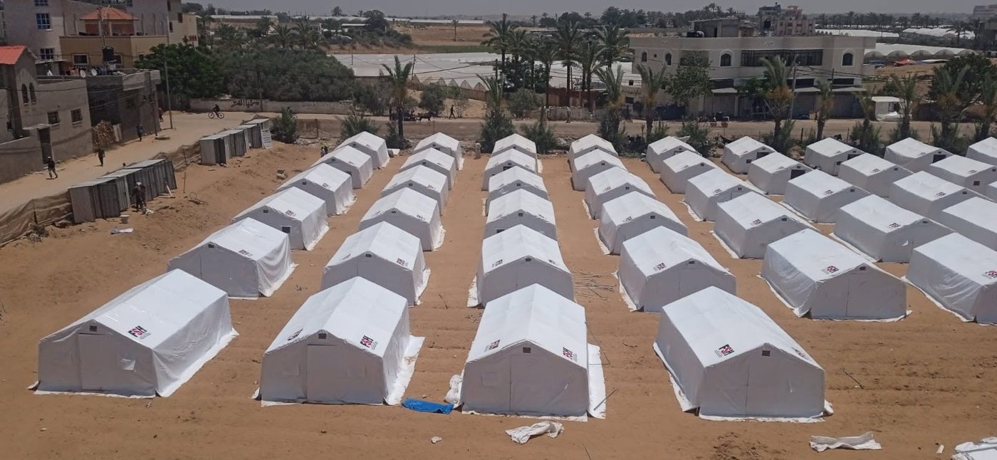 Rows of emergency shelters